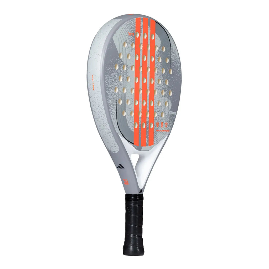 Adidas Drive Padel Schläger grau orange – schräge Seitenansicht mit Gewichtsangabe und Structural Reinforcement
