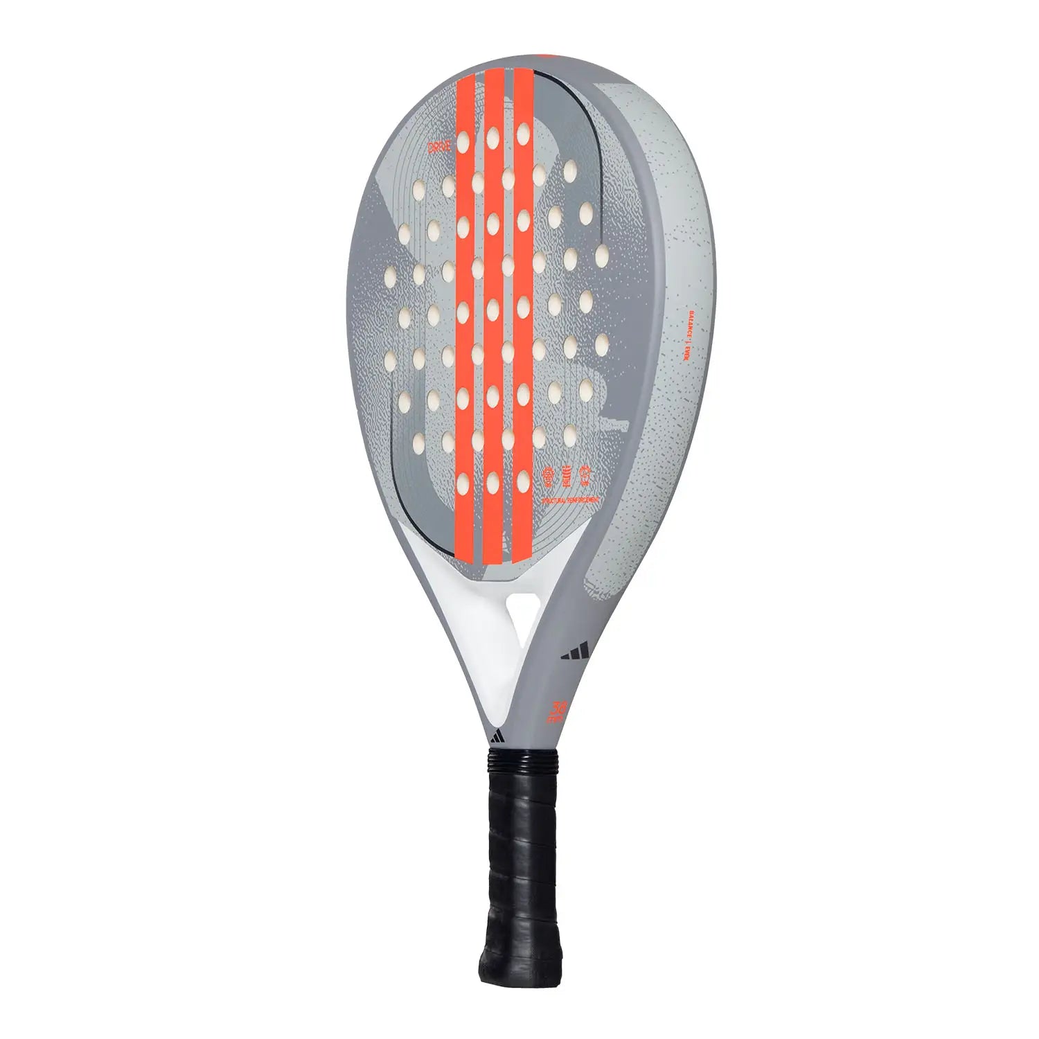 Adidas Drive Padel Schläger grau – Rückseitenansicht schräg mit orangem 3-Streifen Design und weißer Bridge