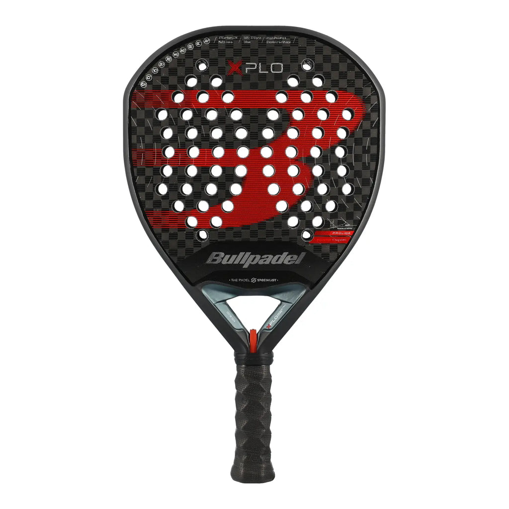 Bullpadel Xplo 25 Padelschläger Vorderansicht in Schwarz-Rot mit XTCarbon 12K und Geometric Shape