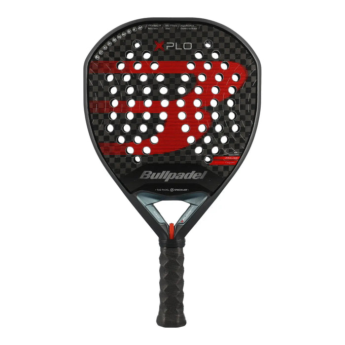 Bullpadel Xplo 25 Padelschläger Vorderansicht in Schwarz-Rot mit XTCarbon 12K und Geometric Shape