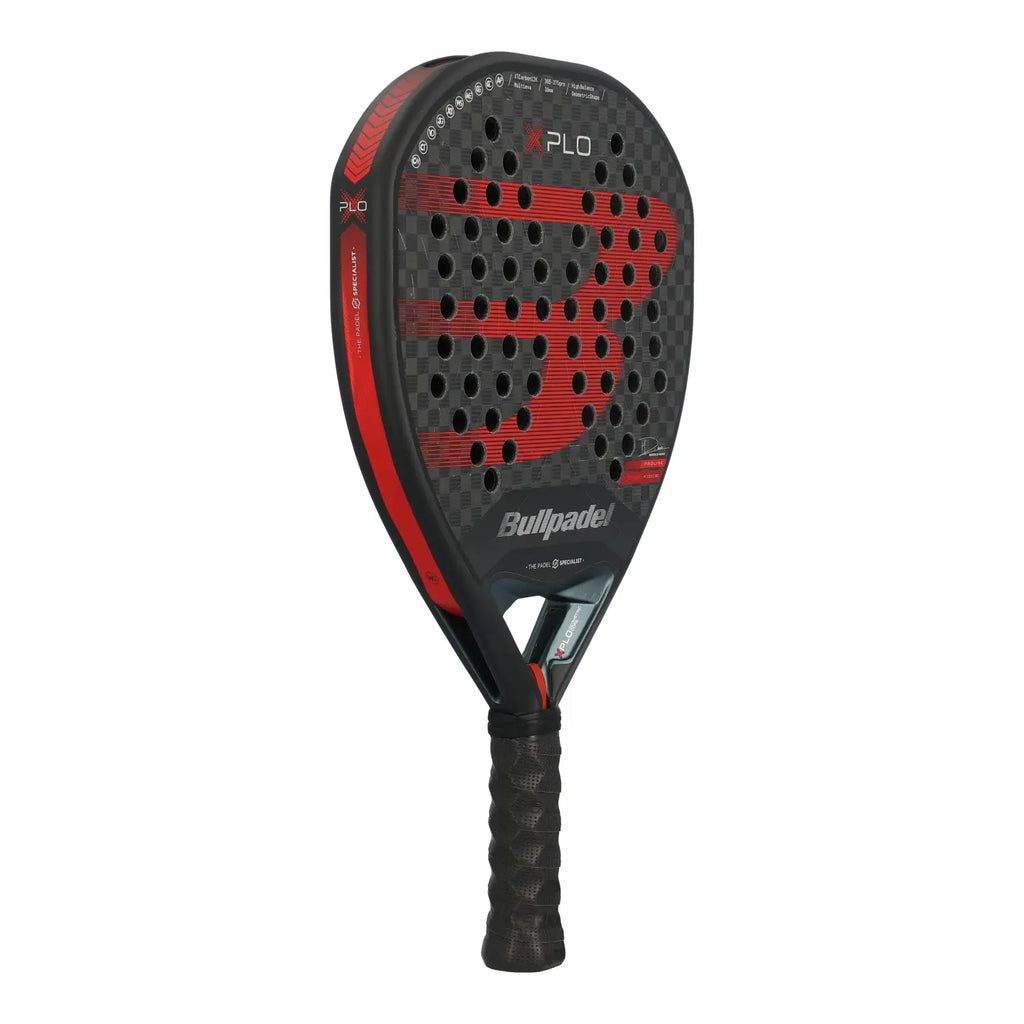 Bullpadel Xplo 25 Padel Racket seitliche Rückansicht mit XPLO Schriftzug am schwarzen Rahmen