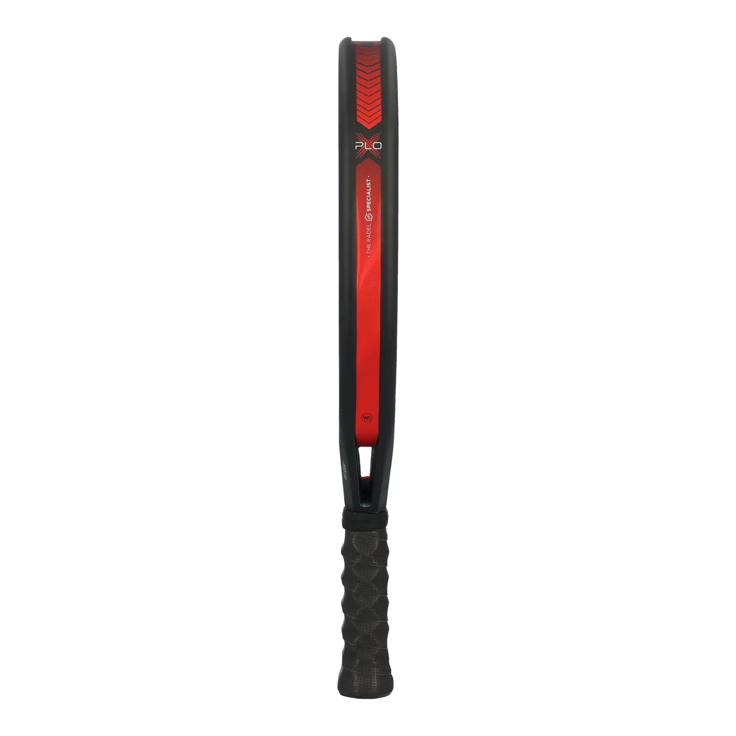 Bullpadel Xplo 25 Padel Racket Seitenansicht mit rotem XPLO Branding und The Padel Specialist Logo