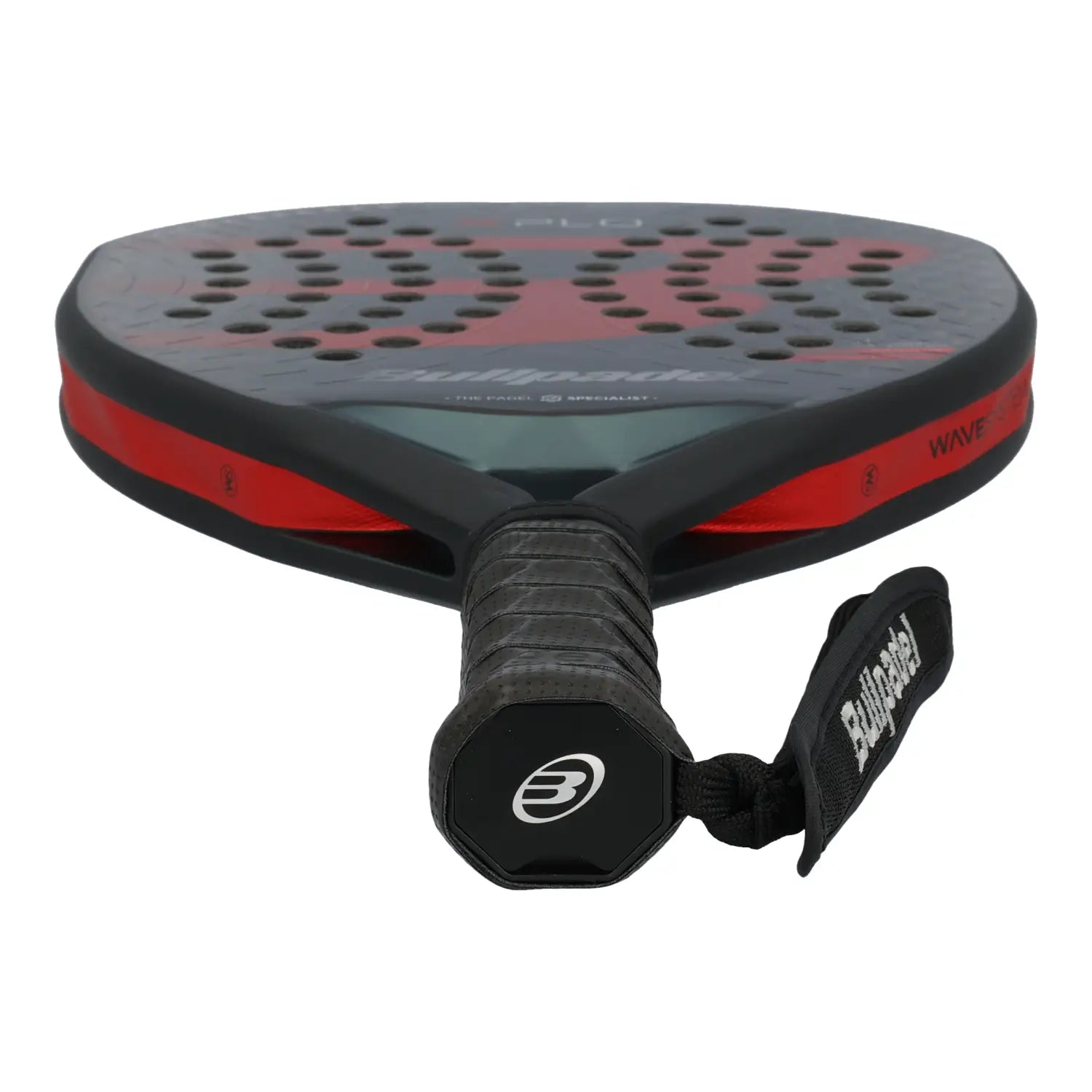 Bullpadel Xplo 25 Padel Racket Griffansicht mit Handgelenkschlaufe und Bullpadel Logo am Griffende