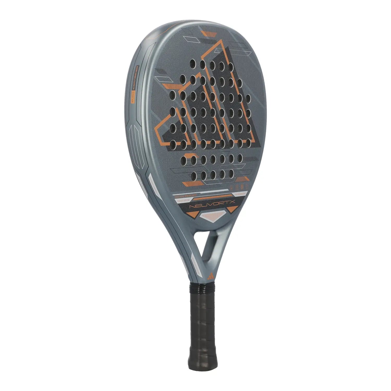 Adidas Neuvortx Cooper Padel Racket seitliche Vorderansicht mit Neuvortx Schriftzug und schwarzem Griff