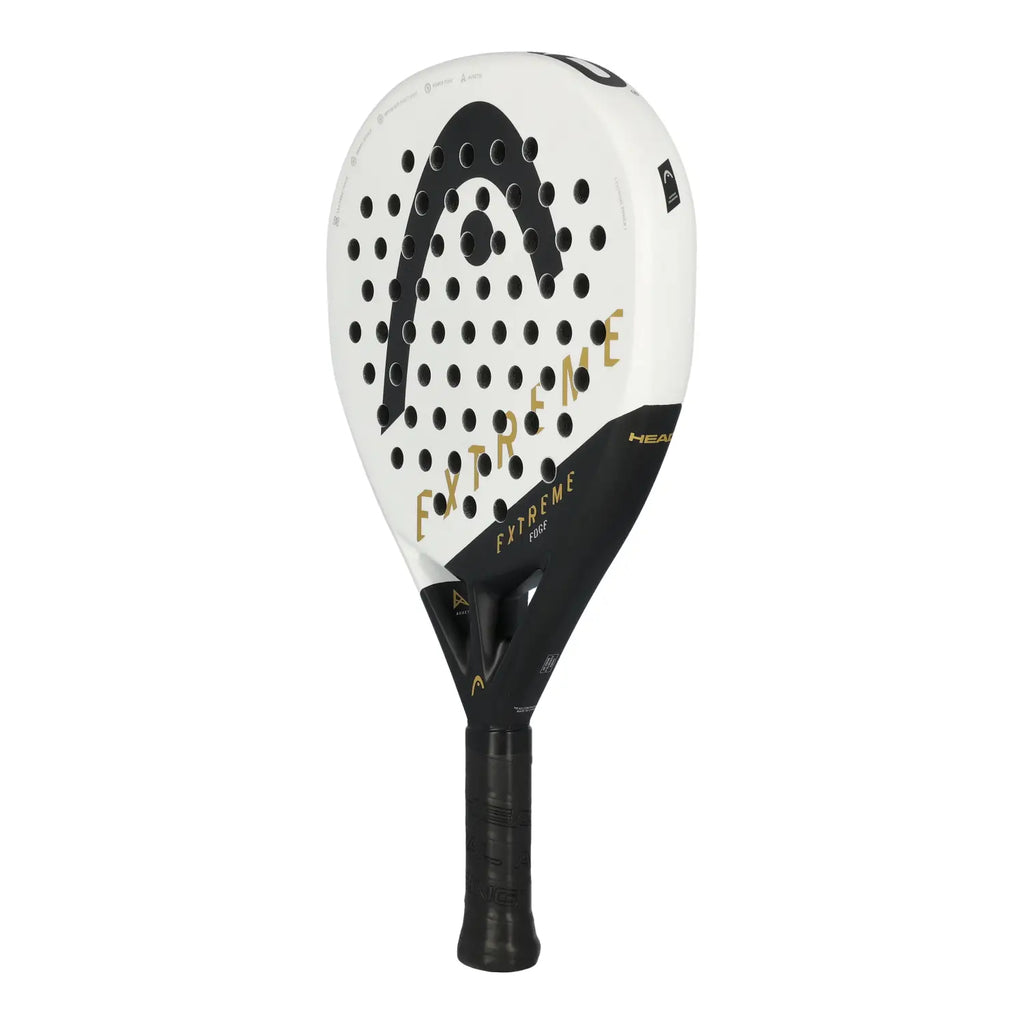 Head Extreme Edge White Padel Racket seitliche Vorderansicht mit Head Logo und schwarzem Rahmen