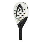 Head Extreme Edge White Padel Racket seitliche Vorderansicht mit Head Logo und schwarzem Rahmen