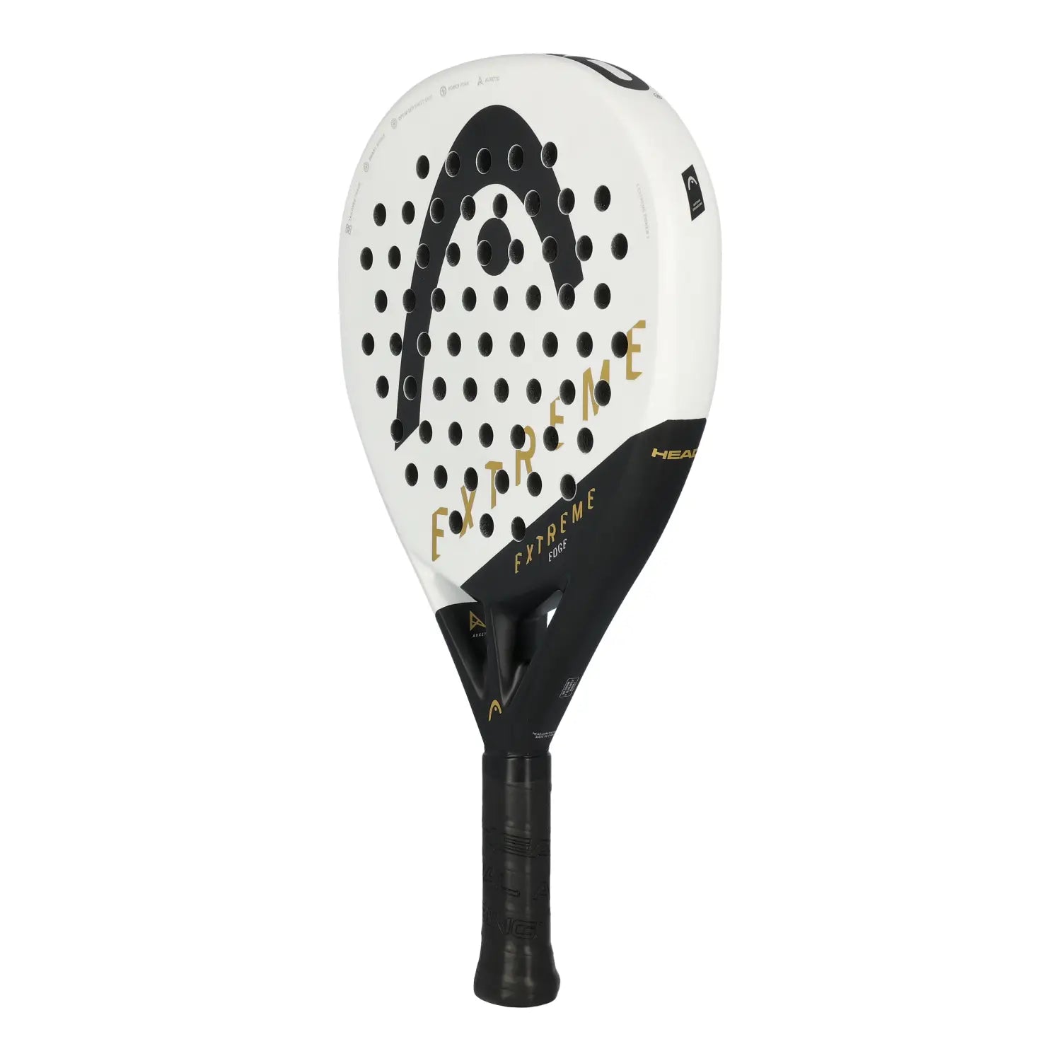 Head Extreme Edge White Padel Racket seitliche Vorderansicht mit Head Logo und schwarzem Rahmen