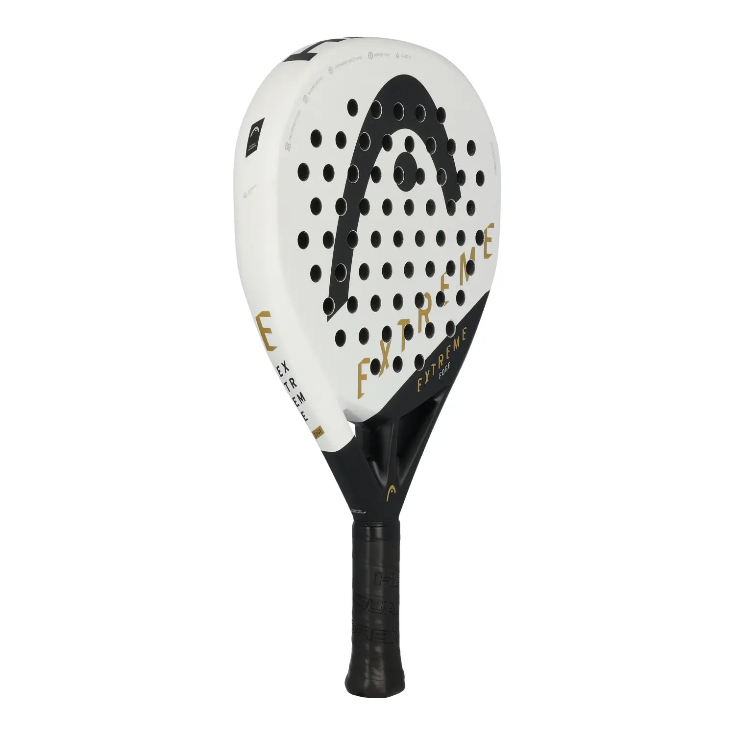Head Extreme Edge White Padelschläger schräge Ansicht mit Extreme Schriftzug am weißen Rahmen