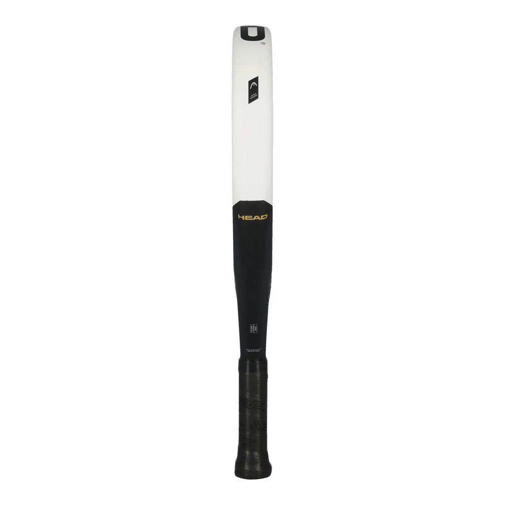 Head Extreme Edge White Padel Racket Seitenansicht mit HEAD Branding und schwarzem Griff