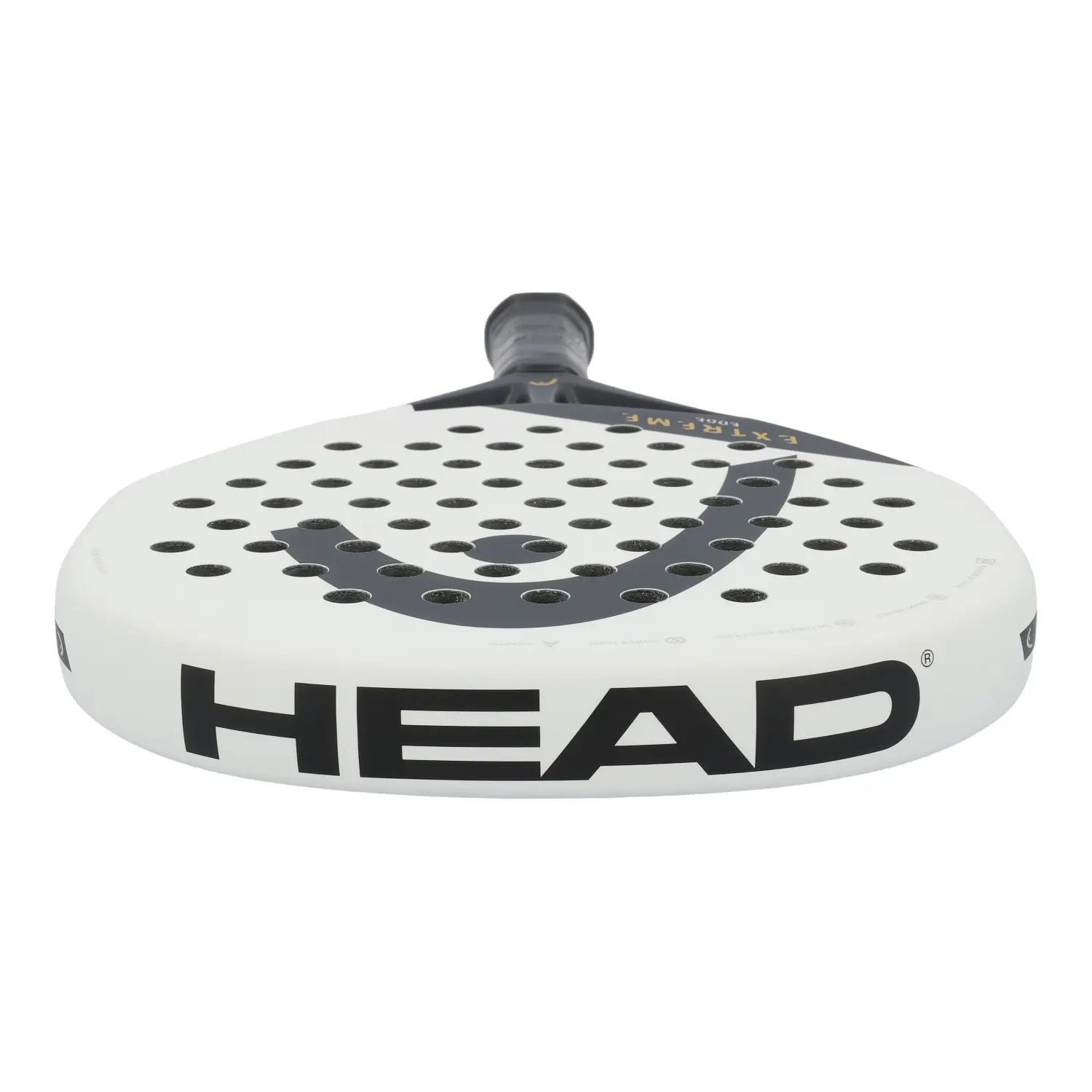 Head Extreme Edge White Padelschläger Draufsicht mit HEAD Schriftzug am weißen Rahmen