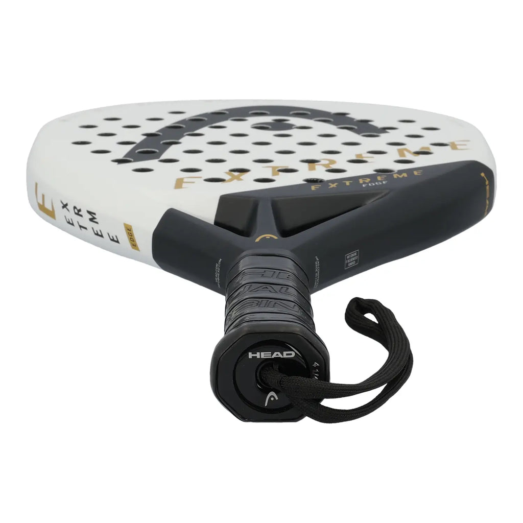 Head Extreme Edge White Padel Racket Griffansicht mit Handgelenkschlaufe und HEAD Logo am Griffende