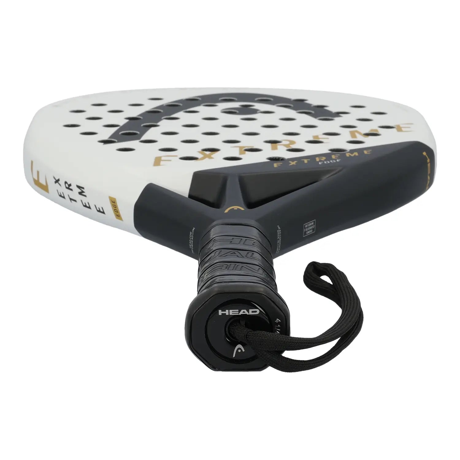 Head Extreme Edge White Padel Racket Griffansicht mit Handgelenkschlaufe und HEAD Logo am Griffende