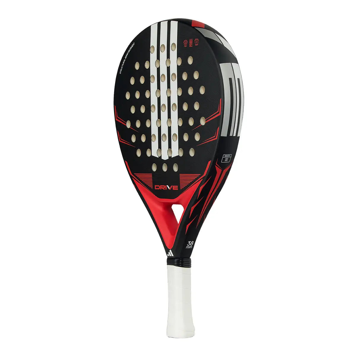 Adidas Drive 2026 Padel Schläger schwarz rot – schräge Seitenansicht mit 38mm Stärke und Gewichtsangabe 360–370g