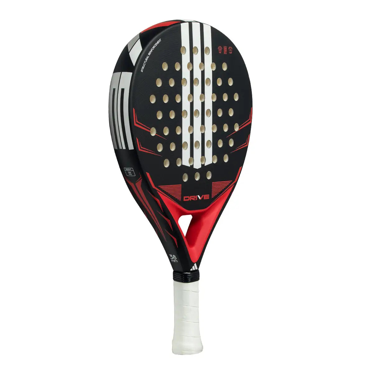 Adidas Drive 2026 Padel Schläger – Rückseitenansicht schräg mit roter Bridge, schwarzem Rahmen und 38mm Stärke