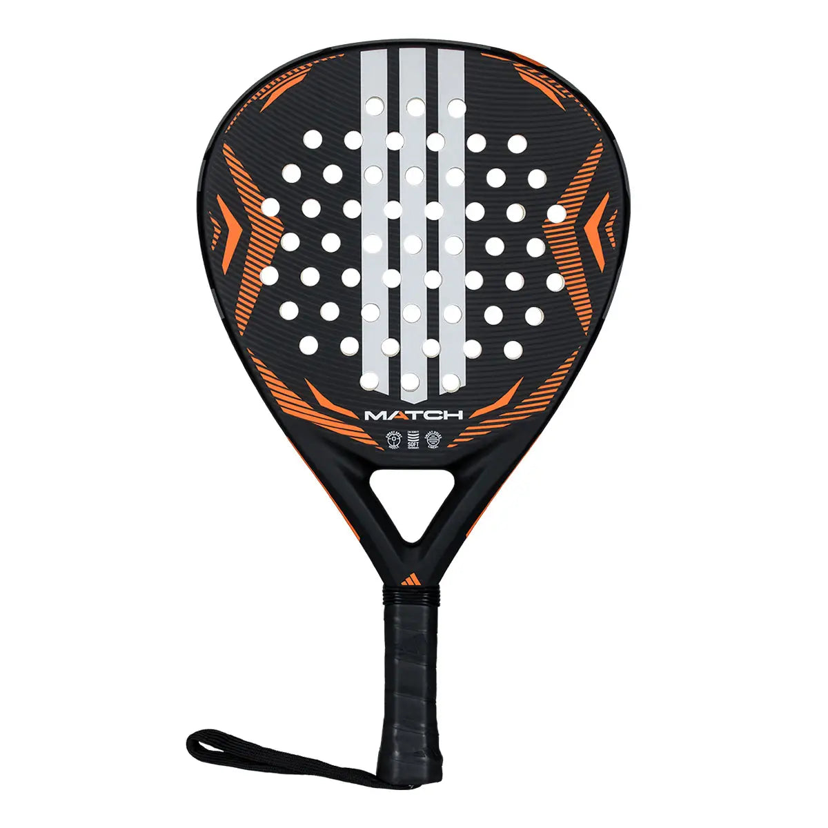Adidas Match 2026 Padel Schläger schwarz orange – Frontansicht mit Sweet Spot Middle, EVA Soft und Smart Holes Lineal Technologie