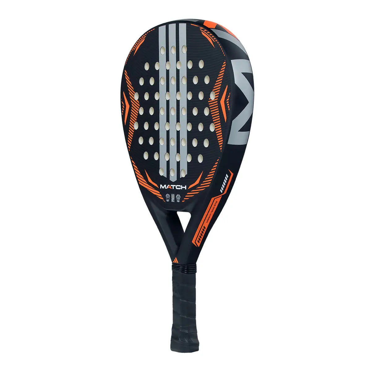Adidas Match 2026 Padel Schläger schwarz orange – schräge Frontansicht mit silbernem Adidas Logo und Tropfenform