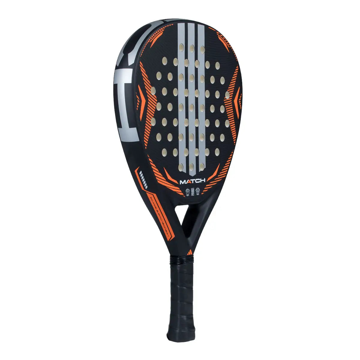 Adidas Match 2026 Padel Schläger – Rückseite schräg mit silbernem Adidas Streifen und orangenem MATCH Schriftzug