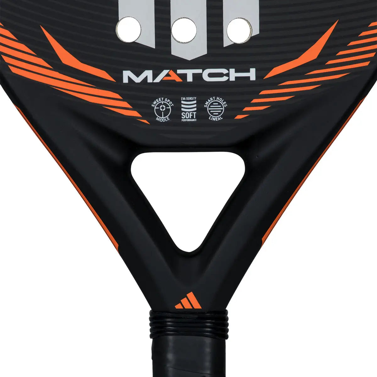 Adidas Match 2026 – Nahaufnahme Brücke mit Sweet Spot Middle, EVA Density Soft Performance und Smart Holes Lineal Beschriftung