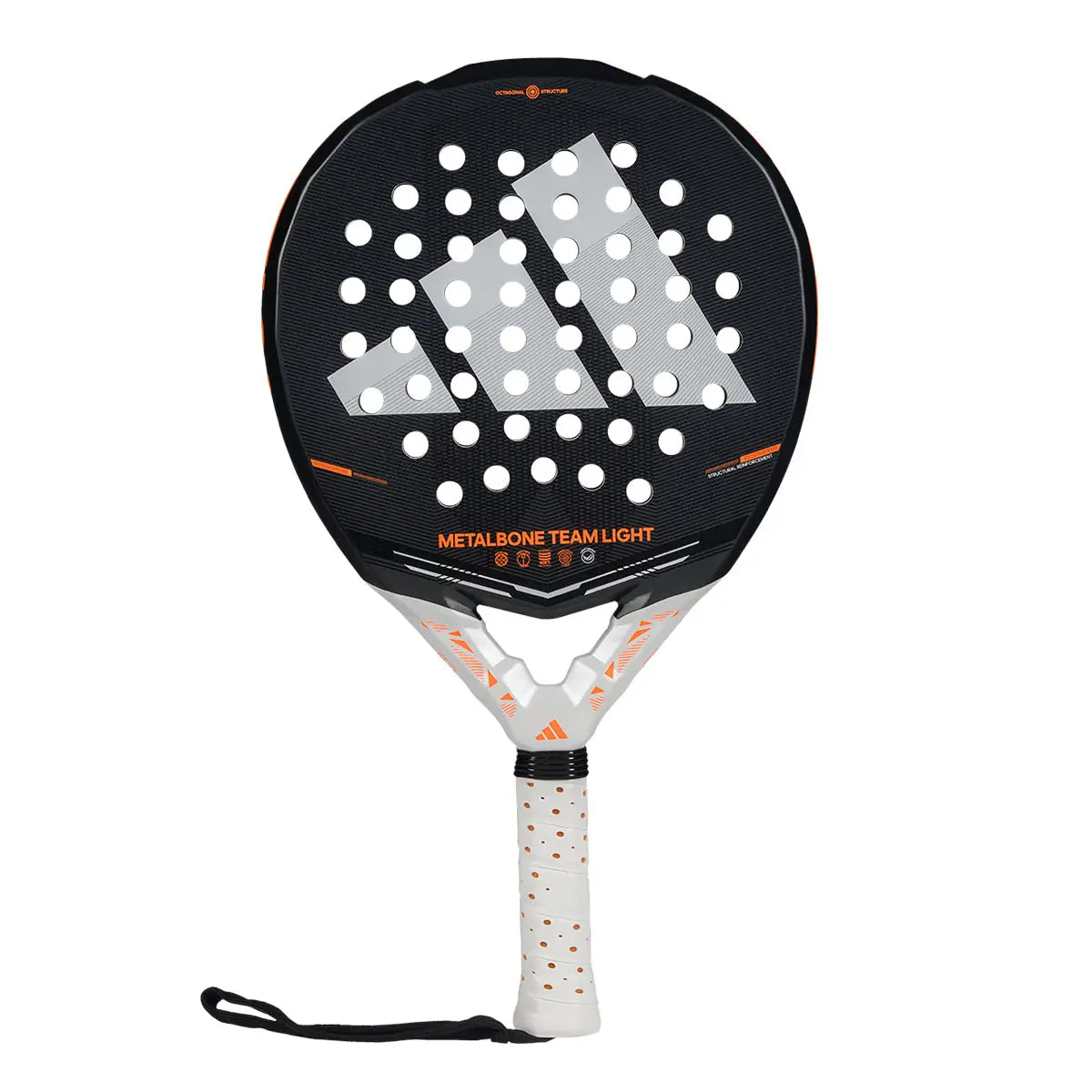 Adidas Metalbone Team Light 2026 Padelschläger Vorderansicht in Schwarz-Weiß-Orange mit Octagonal Structure
