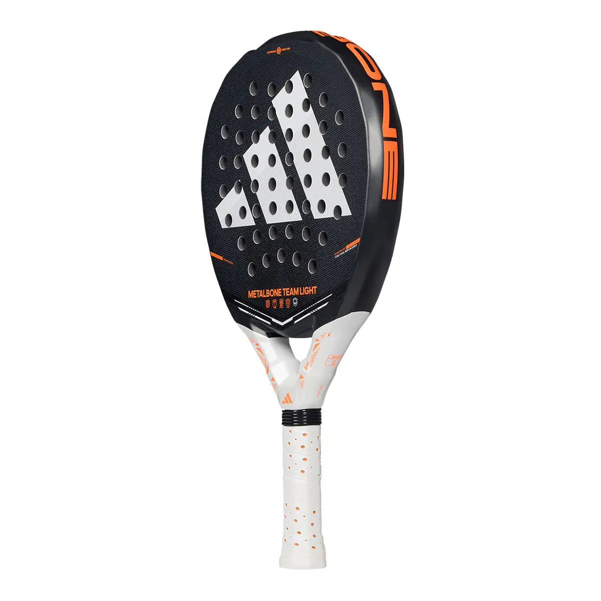 Adidas Metalbone Team Light 2026 Padel Racket seitliche Ansicht mit orangem BONE Schriftzug am Rahmen