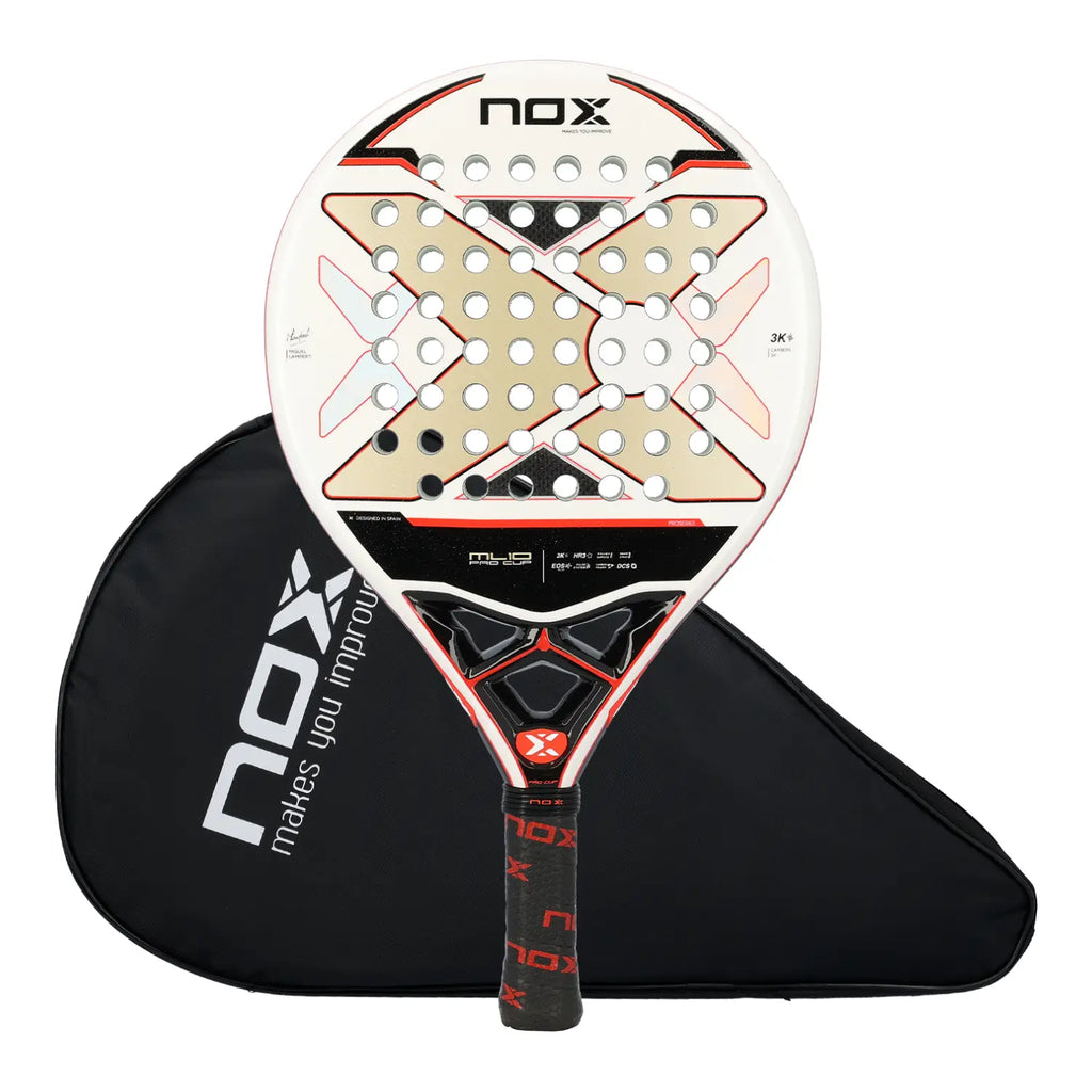 Nox ML10 Pro Cup Luxury Series Padel Racket mit schwarzer NOX Schutzhülle und „makes you improve" Slogan