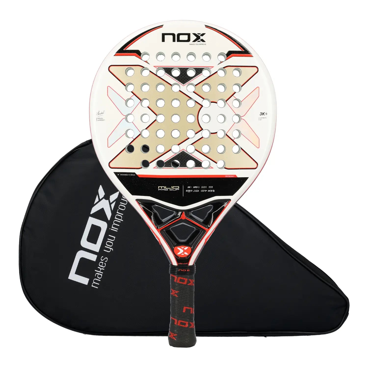 Nox ML10 Pro Cup Luxury Series Padel Racket mit schwarzer NOX Schutzhülle und „makes you improve" Slogan