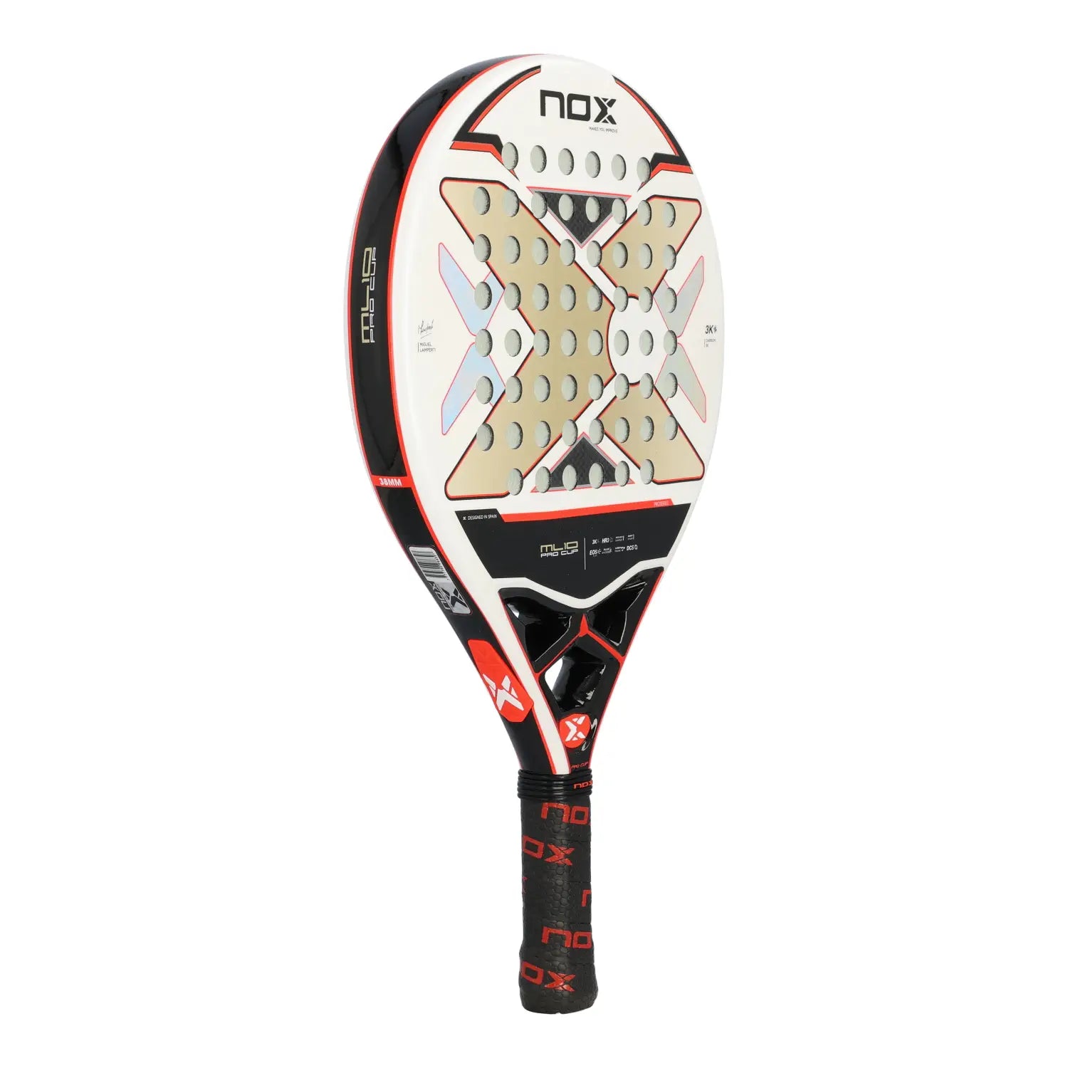 Nox ML10 Pro Cup Luxury Series Padelschläger schräge Ansicht mit 38mm Rahmenbreite und Miguel Lamperti Signatur