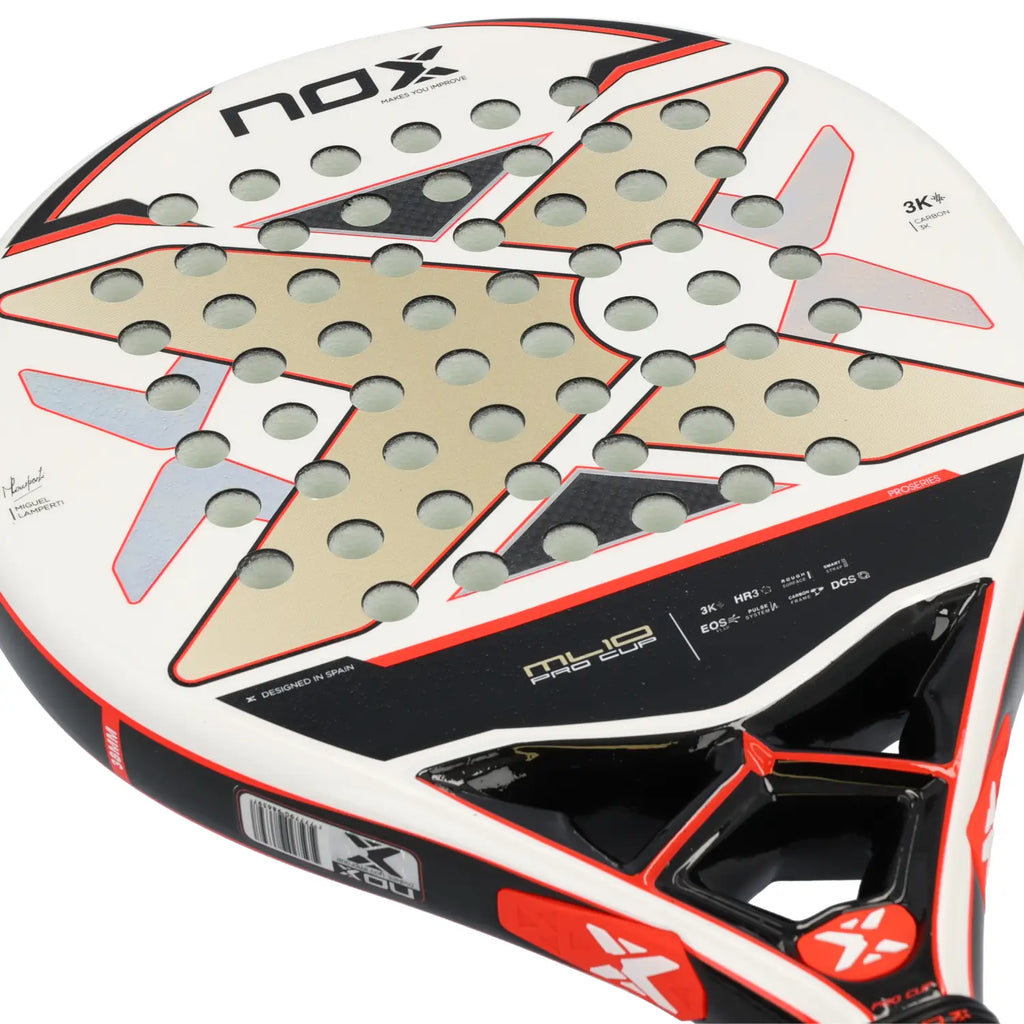 Nox ML10 Pro Cup Luxury Series Padel Racket Seitenansicht mit Technologie-Icons für 3K, HR3, Rough Surface, DCS und Pulse System