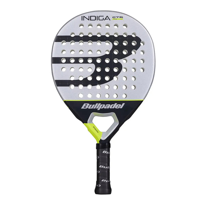 Bullpadel Indiga CTR 26 Padelschläger Vorderansicht in Silber-Schwarz mit neongelben Akzenten