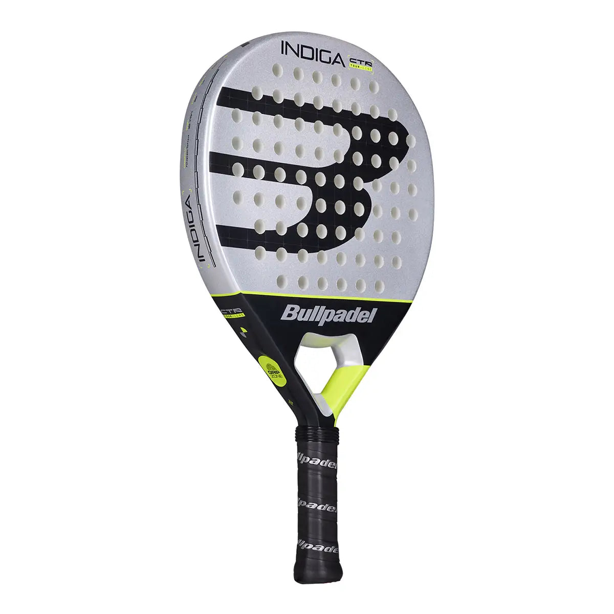 Bullpadel Indiga CTR 26 Padel Racket schräge Ansicht mit Bullpadel Logo und neongelber Herzstück-Akzent