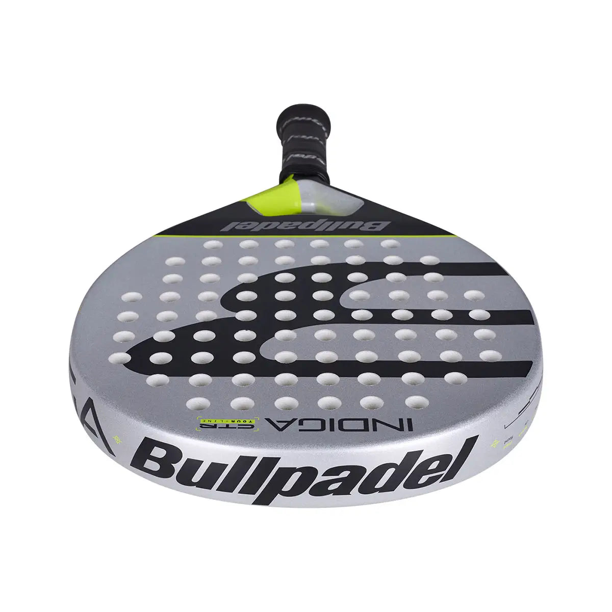 Bullpadel Indiga CTR 26 Padelschläger Draufsicht auf Schlagfläche mit Bullpadel Logo am silbernen Rahmen
