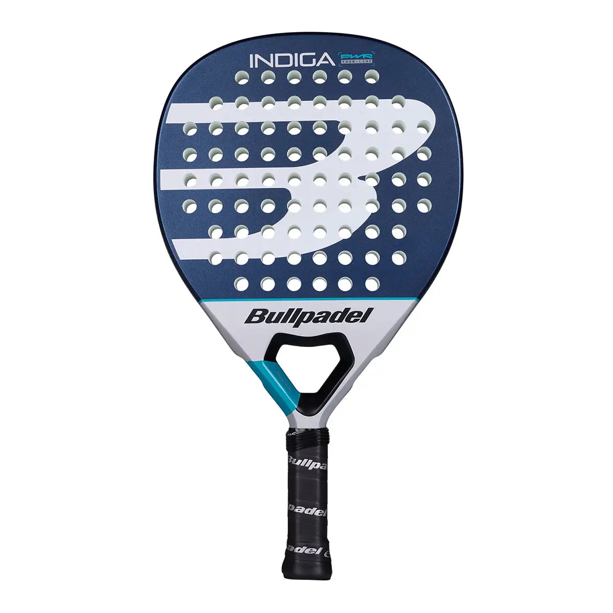 Bullpadel Indiga Power 26 Padelschläger Vorderansicht in Dunkelblau-Silber mit PWR Tour Line