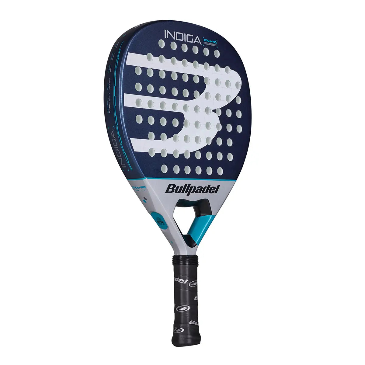 Bullpadel Indiga Power 26 Padelschläger schräge Ansicht mit Bullpadel Logo und türkisem Akzent