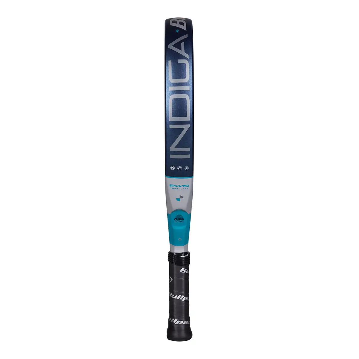 Bullpadel Indiga Power 26 Padel Racket Seitenansicht mit Grip Zone und Indiga Schriftzug am Rahmen