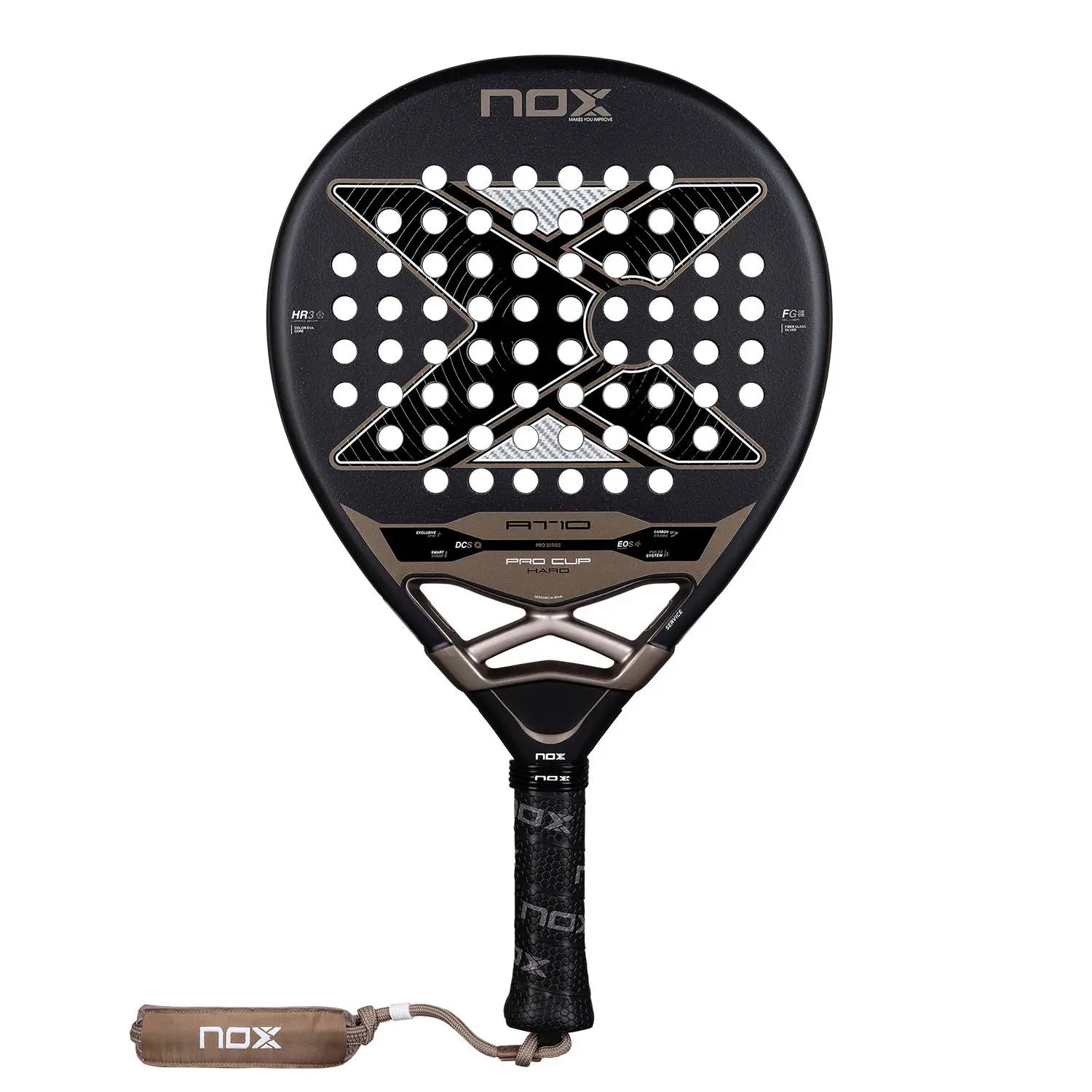 Nox AT10 Pro Cup Hard Padelschläger Vorderansicht in Schwarz-Bronze mit HR3 Core und Fiberglass