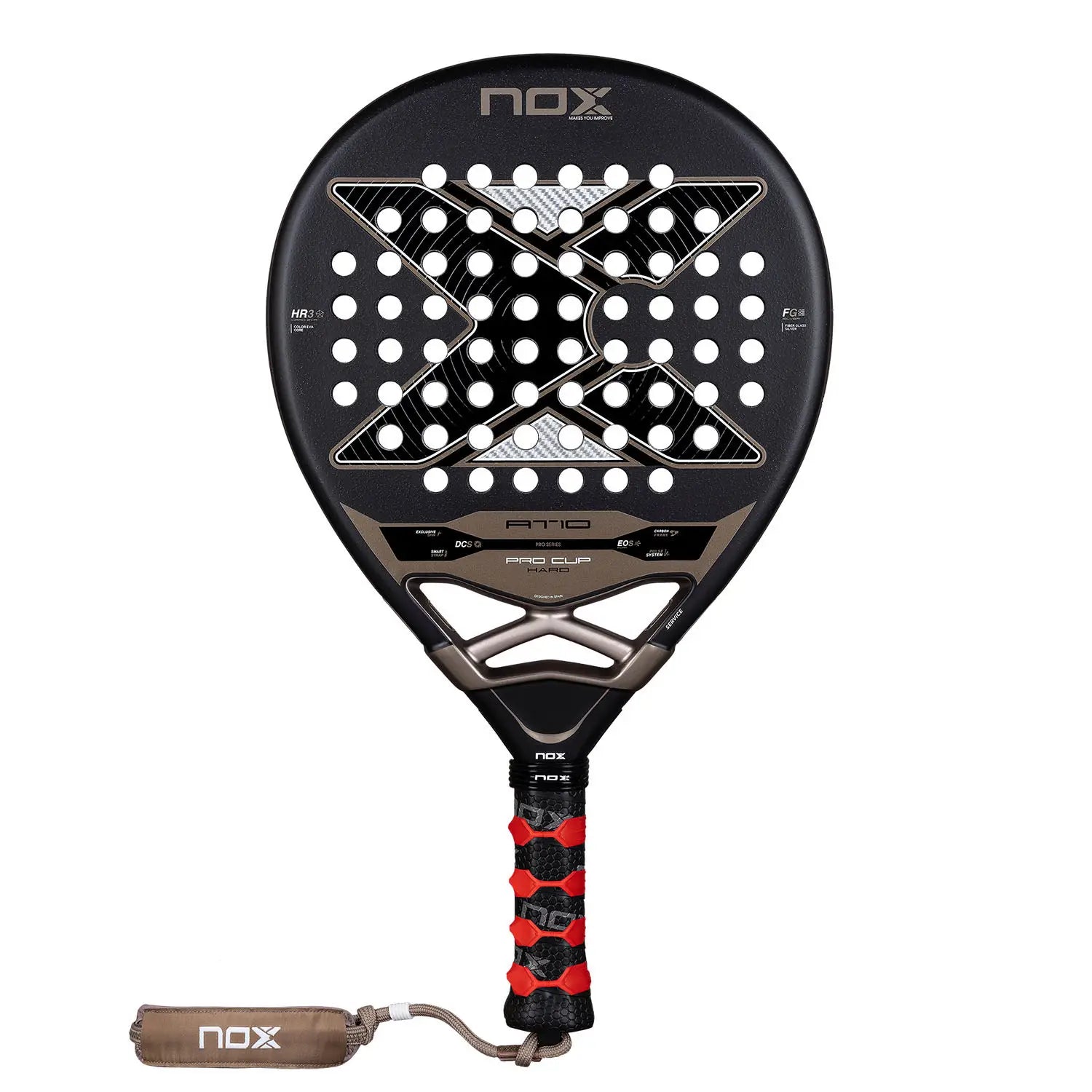 Nox AT10 Pro Cup Hard Padel Racket Rückansicht mit rotem Griffband und Carbon Frame