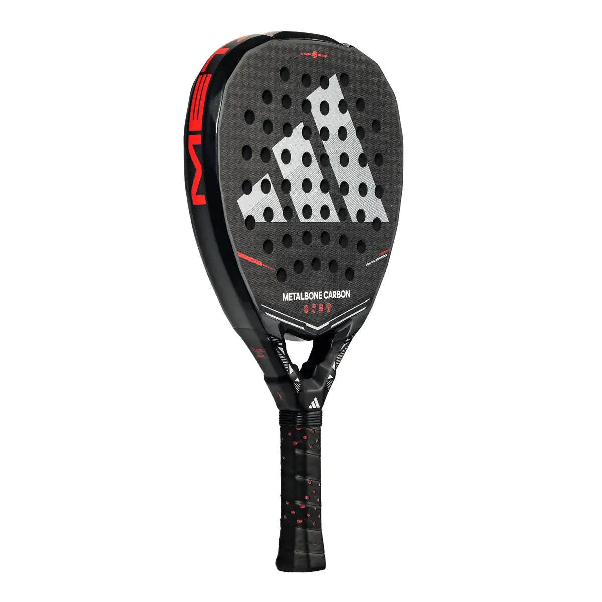 adidas Metalbone Carbon 2026 – schräge Seitenansicht links mit rotem Rahmen und Carbon-Schlagfläche