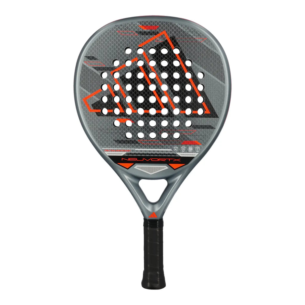 adidas Neuvortx Padelschläger – Frontansicht grau-orange mit adidas Logo und schwarzem Grip