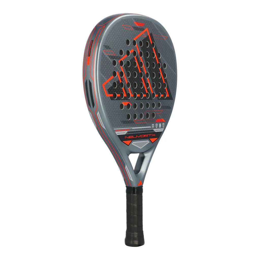 adidas Neuvortx Padelschläger – schräge Seitenansicht links grau-orange mit Neuvortx Beschriftung