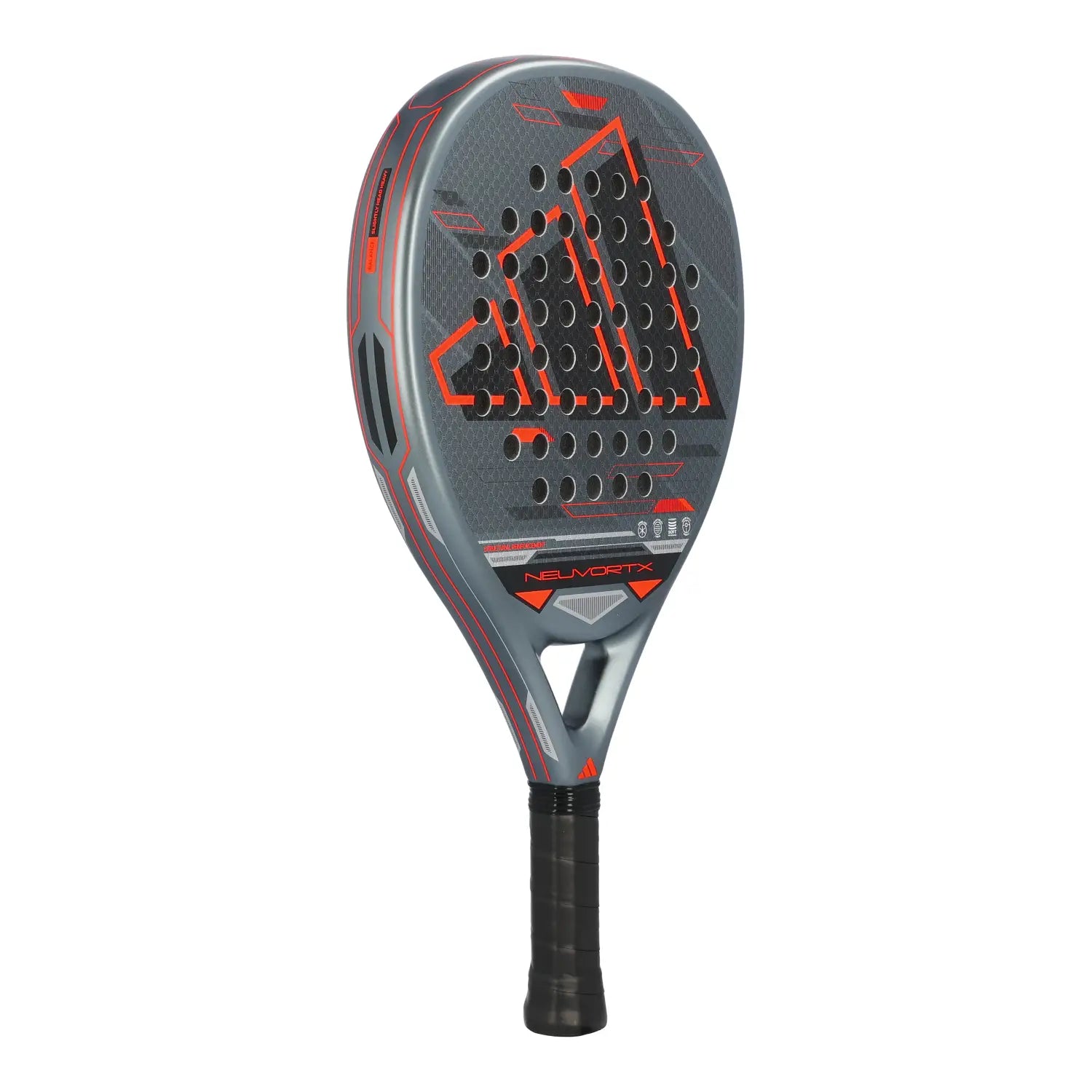 adidas Neuvortx Padelschläger – schräge Seitenansicht links grau-orange mit Neuvortx Beschriftung