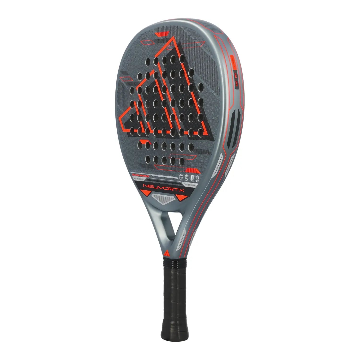 adidas Neuvortx Padelschläger – schräge Seitenansicht rechts mit Carbon-Schlagfläche und orangenem Design