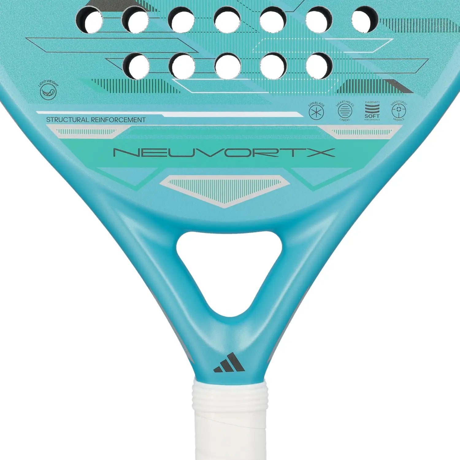 adidas Neuvortx Light Blue – Herzstück Detail mit Neuvortx Schriftzug, Spin Blade und Structural Reinforcement