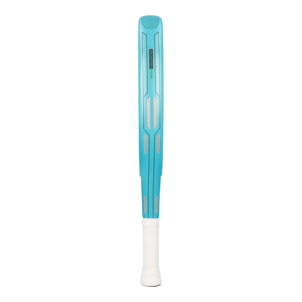 adidas Neuvortx Light Blue – Rahmen Seitenansicht türkis mit silbernen Akzenten und weißem Grip