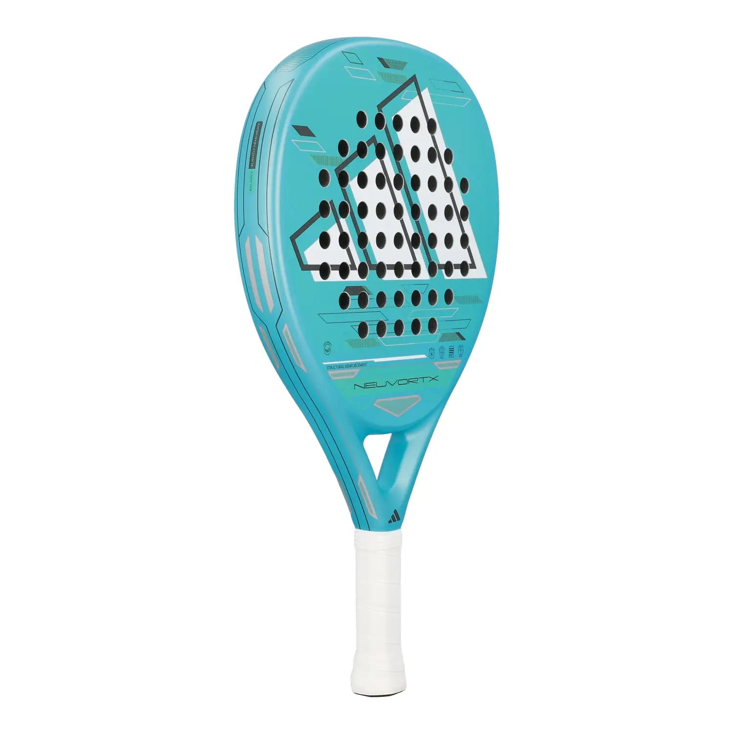adidas Neuvortx Light Blue Padelschläger – schräge Seitenansicht links türkis mit Neuvortx Beschriftung