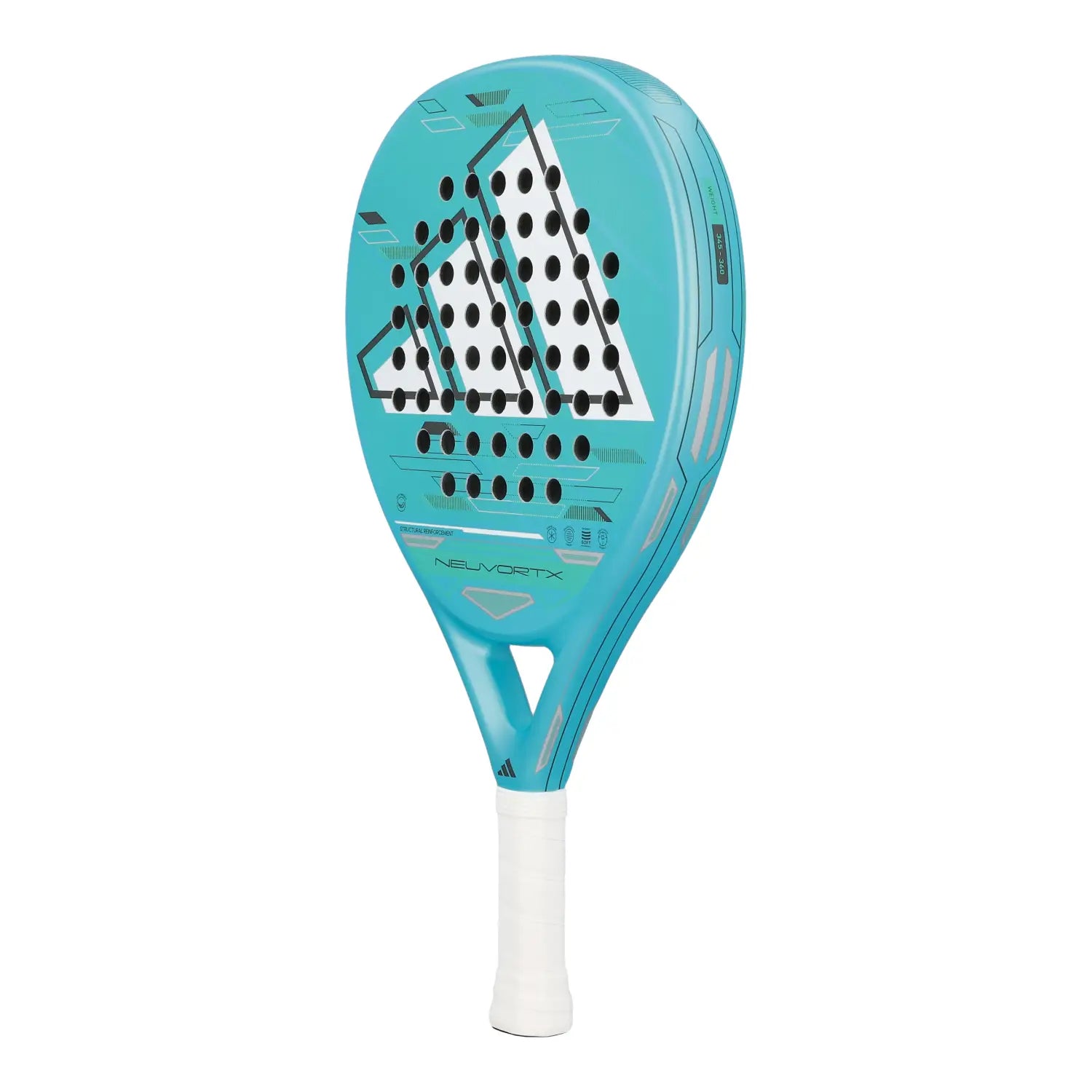 adidas Neuvortx Light Blue Padelschläger – schräge Seitenansicht rechts mit türkiser Schlagfläche und weißem Grip