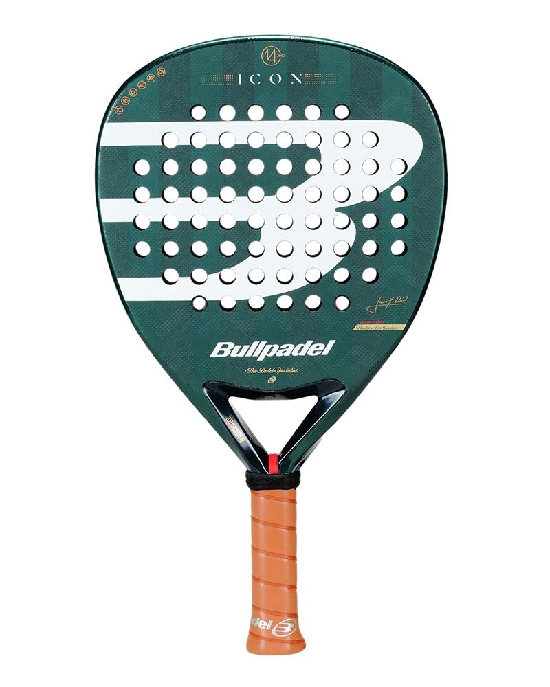Bullpadel Icon 26 Padelschläger Frontansicht in Grün mit weißem Bullpadel-Logo und kupferfarbenem Griff