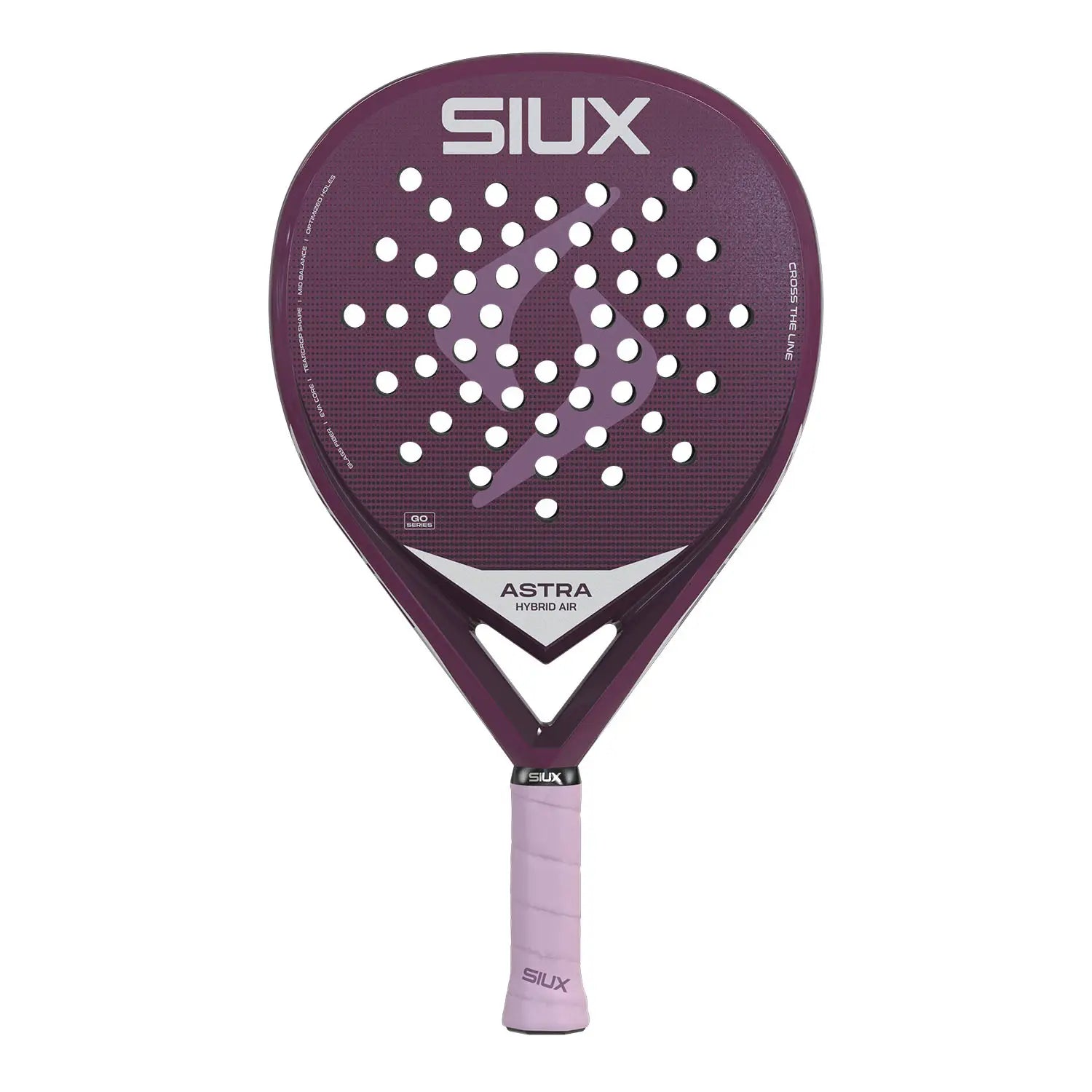 Siux Astra Hybrid Air Padelschläger – Frontansicht lila mit weißem Siux Logo und rosé Grip