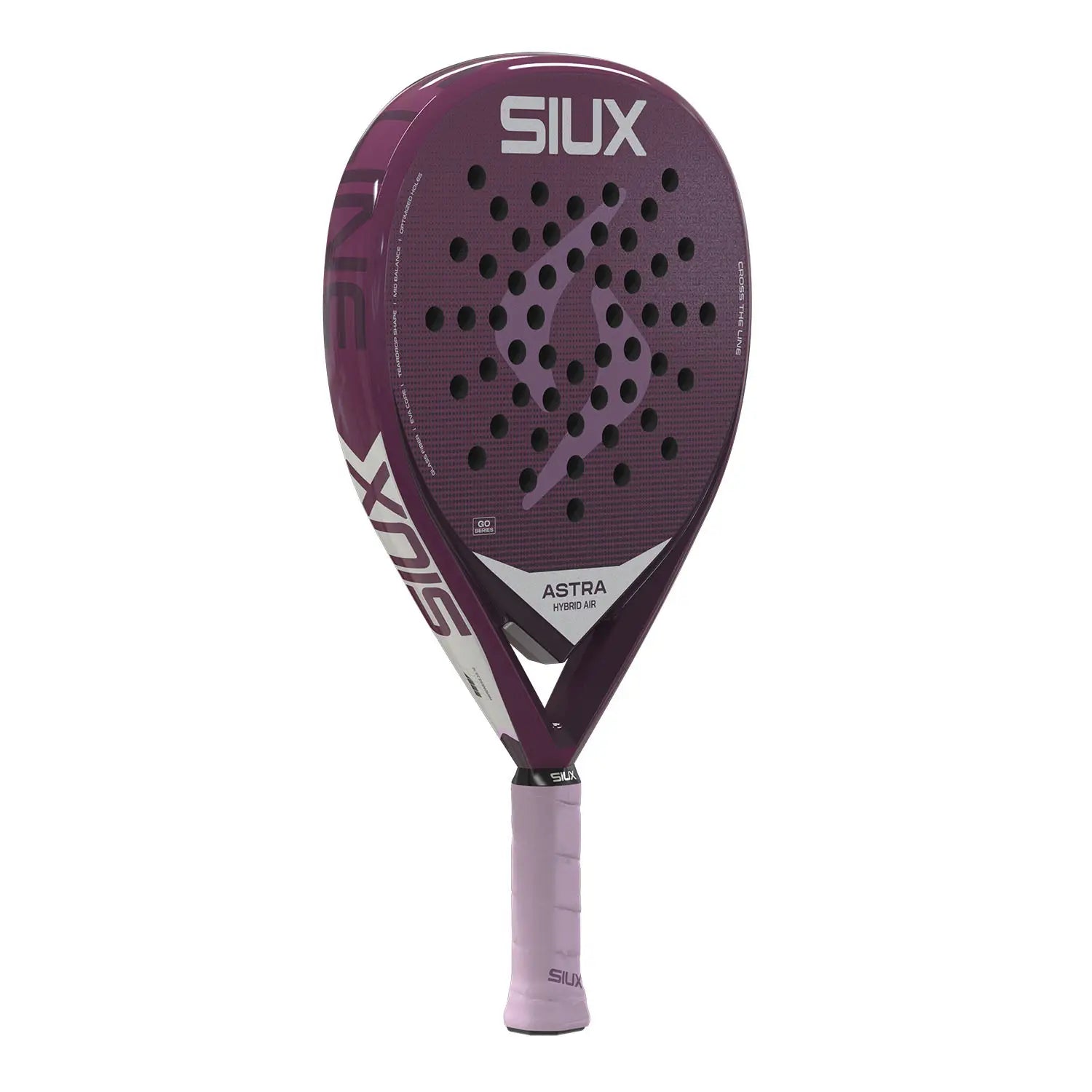 Siux Astra Hybrid Air Padelschläger – schräge Seitenansicht rechts lila mit Siux Logo und rosé Grip