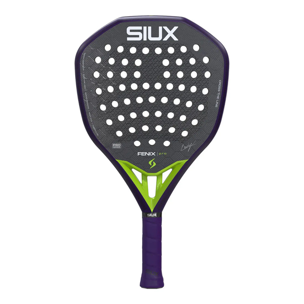 Siux Fenix Pro Glow Purple 2026 Padelschläger Frontansicht in Lila mit limegrünem Herzstück