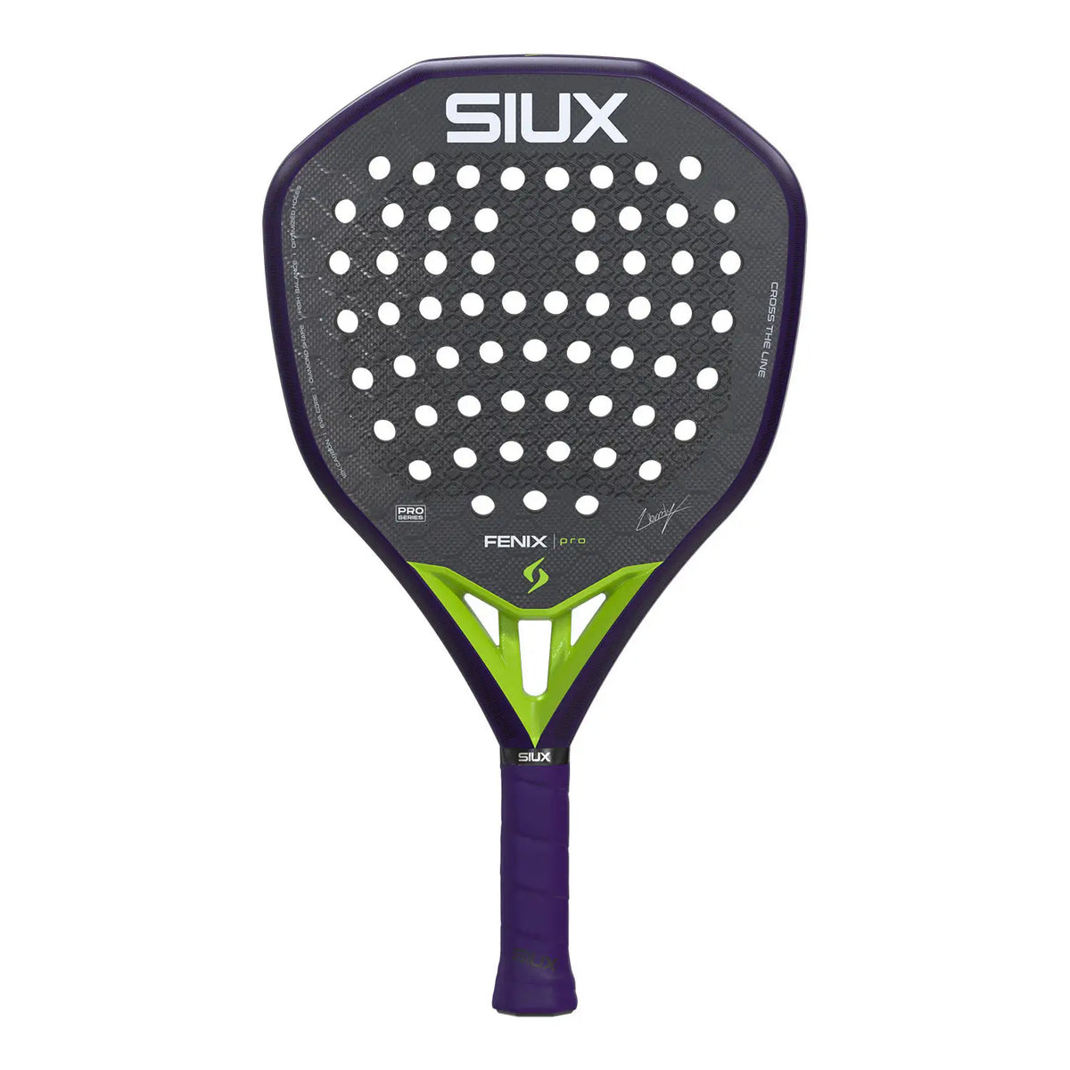 Siux Fenix Pro Glow Purple 2026 Padelschläger Frontansicht in Lila mit limegrünem Herzstück